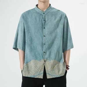 Etnische Kleding Herfst Mode Blauw Stand Kraag 8 Kwart Mouwen Tang Jasje Mannen Chinese Stijl Katoen Linnen Knop Shirt plus Size