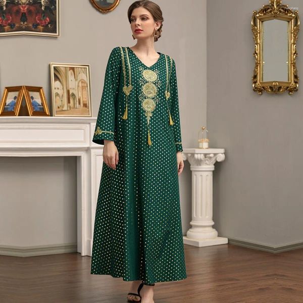Vêtements ethniques Automne Mode Satin Robe de soirée Robe Abaya Femmes musulmanes Taille haute Imprimé Vintage Broderie Maxi 2855
