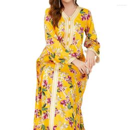 Etnische kleding herfst Marokko jurk moslimvrouwen Abaya bloem print India Abayas Dubai Turkije feestjurken kaftan robe longue vestidos