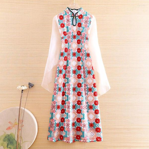 Ropa étnica Otoño Organza Patchwork Malla Mujeres Cheongsam Vestido Estilo Retro Elegante Bordado Delgado A-line Lady Qipao S-XXL