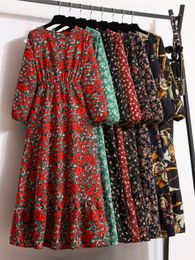 Vêtements ethniques Automne Printemps Robes En Mousseline De Soie Femme Manches Longues Vintage Imprimé Floral Casual Musulman Robe Longue Femmes Maxi Robes Vestidoes 230530