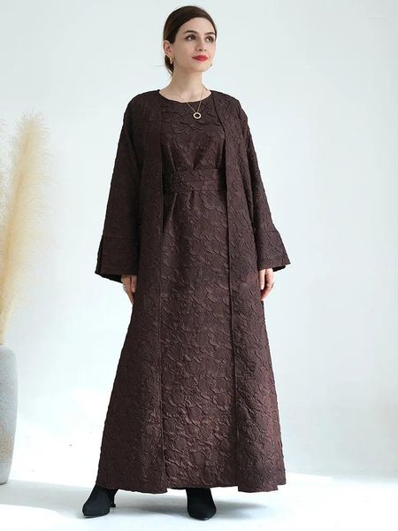 Ropa étnica Otoño Invierno 2 piezas Conjunto musulmán para Marocain Femme Vestido sin mangas sólido y Abaya Abrigo Jalabiyat Turco Africano