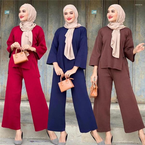 Vêtements ethniques automne hiver tricoté hauts pantalons 2 pièces ensemble femmes musulman dubaï turquie Abaya pull pantalon robe caftan tenues 2pc