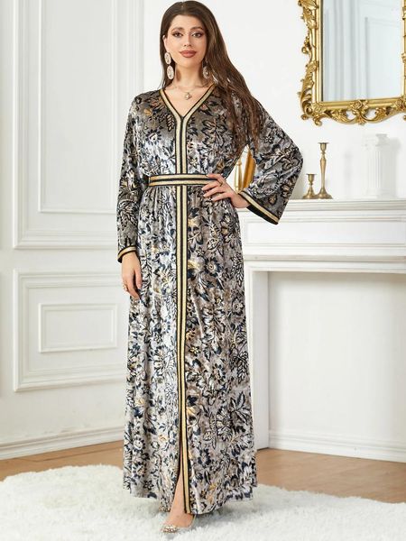 Vêtements ethniques Automne Hiver Robe de velours musulmane pour femmes Abaya Split Floral Print Maroc Party Robes longues Dubaï Kaftan Robe arabe