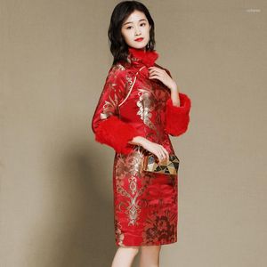 Etnische kleding herfst winter Shanghai verhaal zijden blend vrouwen qipao Chinese jurk lange mouw cheongsam jurk knie lengte oosters