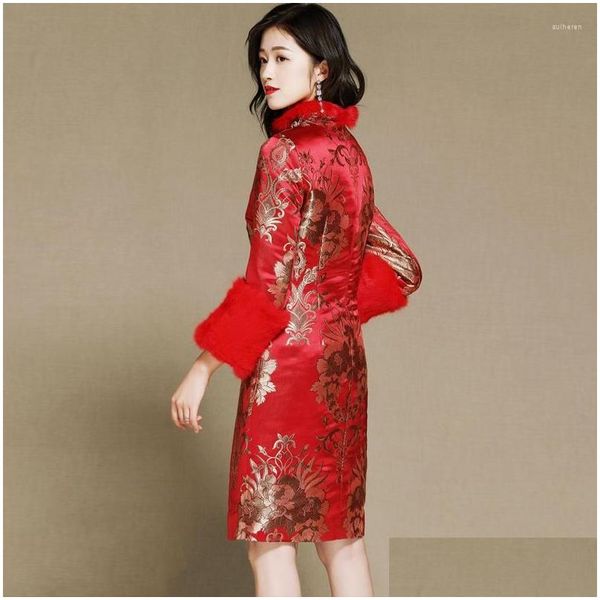 Vêtements ethniques Automne Hiver Shanghai Story Silk Blend Femmes Qipao Robe chinoise à manches longues Cheongsam Robe Longueur au genou Oriental Drop Dhusp