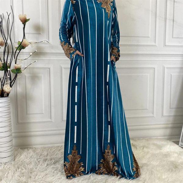 Vêtements ethniques Automne Hiver Velours Imprimé Chaud Élégant Musulman Abaya Femmes Longue Maxi Robe Dubaï Kaftan Turquie Robe Arabe Fête Jalabiya