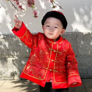 Vêtements ethniques Bébé Garçons Année Enfants Enfants Hanfu Tang Costume Rouge Broderie Polaire Gilet Tops Vestes Costume Oriental Traditionnel