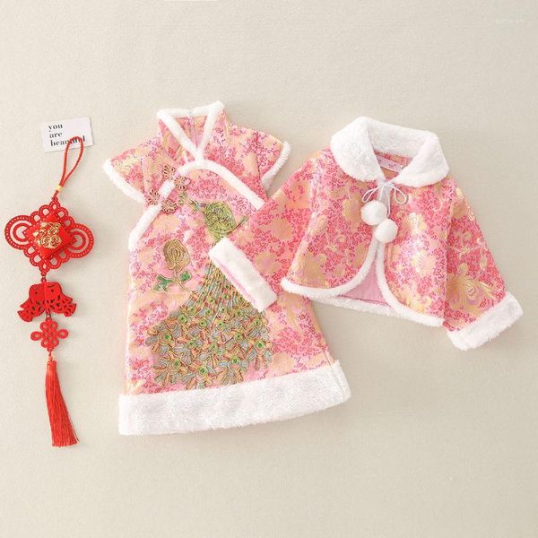 Ropa étnica Bebé Año chino Ropa Niñas Traje Tang Invierno Niños Bordado Cheongsam Princesa Vestido Abrigo Conjunto Traje de rendimiento