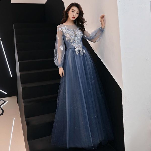 Vêtements ethniques Banquet Robe de soirée Femme 2023 Été Mesh O-Cou Bleu Marine Étoile Dreamy Dames Fête d'anniversaire Longue Section