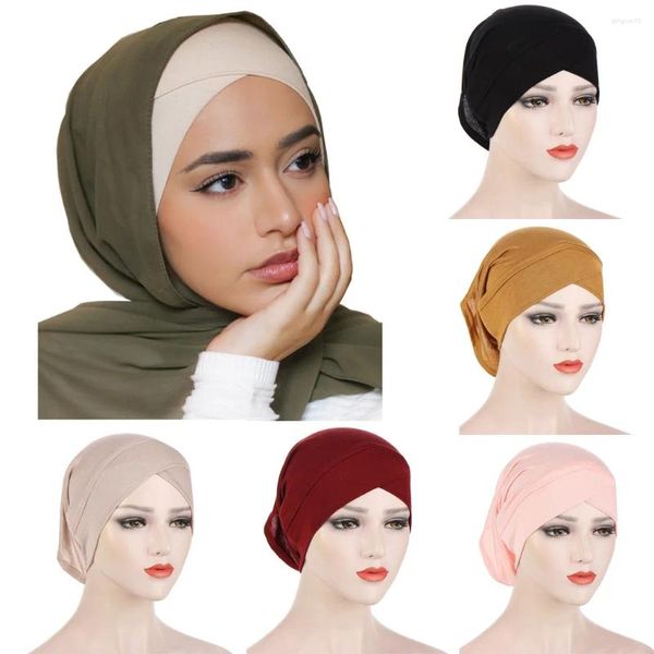 Ropa étnica Básica Musulmana Hijab Caps Color liso Underscarf Mujeres Algodón Bufanda Turbantes Cabeza Hijabs Sombrero Islámico