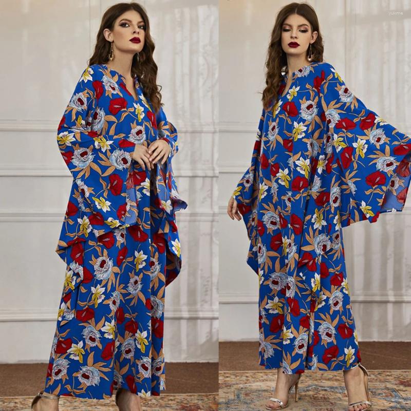 Ethnic Clothing Bat Sleeve African Beach Dresses For Women 2024 Traditional Floral Print V-neck Islam Kaftan Abaya Musulman Robe Femme