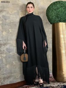 Vêtements ethniques manches chauve-souris gland caftan noir blanc avancé mode modeste musulman dubaï fête arabe abaya robes de soirée femmes 2024