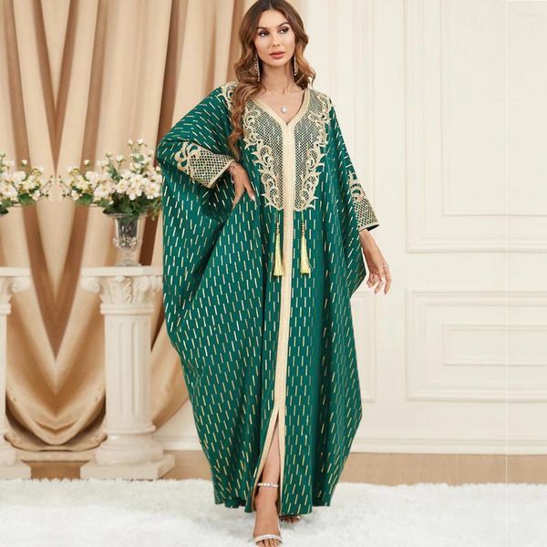 Ropa étnica Manga de murciélago Vestido Abaya para mujeres Chic Apliques de encaje Cinta Recorte Estampado de oro Árabe Turquía Musulmán Robe Borla Corban