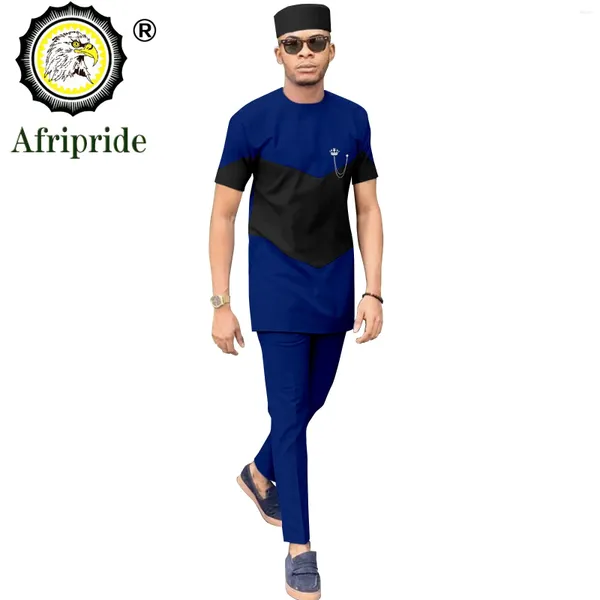 Vêtements ethniques Bazin Riche Africain Hommes Vêtements Chemise à manches courtes Pantalon et chapeau 3 pièces Ensemble Plus Taille Tenues décontractées Dashiki Survêtement