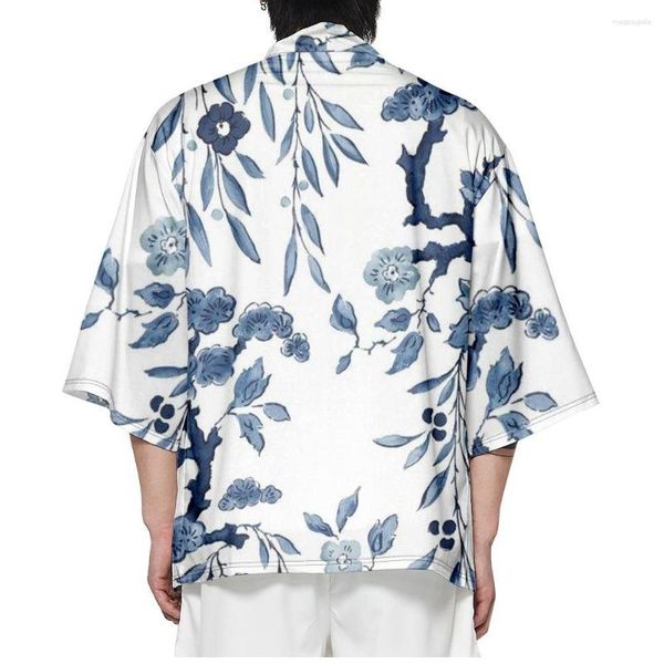 Ropa étnica Playa Yukata Ropa asiática Moda Flor Estampado Blanco Haori Streetwear Hombres Mujeres Cardigan Japonés Cosplay Kimono