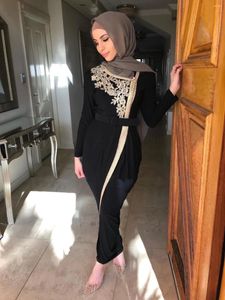 Ropa étnica Con cuentas Abaya Con cinturón Vestidos de fiesta divididos Adornos dorados Vestidos de mujeres musulmanas Vestido largo islámico Hijab Kaftan Ramadán
