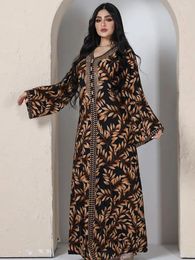 Vêtements ethniques Perlé Abaya Robe longue imprimée pour femmes Fête arabe Kaftan Tressé Trimming Golfe Saoudien Dubaï Jalabiya Soirée musulmane