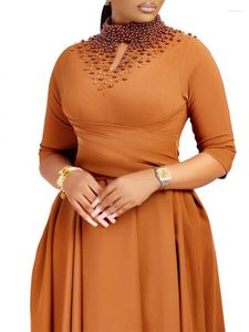 Ropa étnica con cuentas elegante vestido africano para mujeres tamaño grande moda cuello alto 3/4 manga alta cintura midi bata bazin