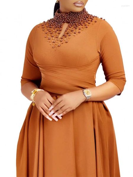 Vêtements ethniques Robe africaine élégante perlée pour femmes grande taille mode col roulé 3/4 manches taille haute robe midi Bazin