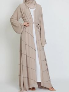 Etnische kleding kralen open abaya dubai turkije lente zomerfeest solide moslim mode hijab jurk riem gorde abayas voor vrouwen kimono islam kaftan 230324