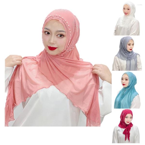 Vêtements ethniques Perles Élastique Mesh Femmes élégantes Musulman Hijab Malaisie Islamique Arabe Châle Turban Couleur Solide Foulard Foulard Foulard