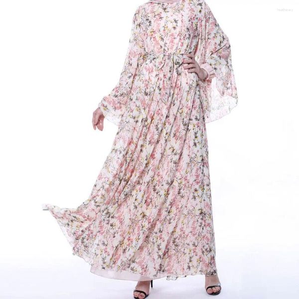 Vêtements ethniques Belle robe imprimée florale pour femmes musulmanes en mousseline de soie à manches longues Abaya Kaftan Islamique Dubaï Robe de soirée Robes