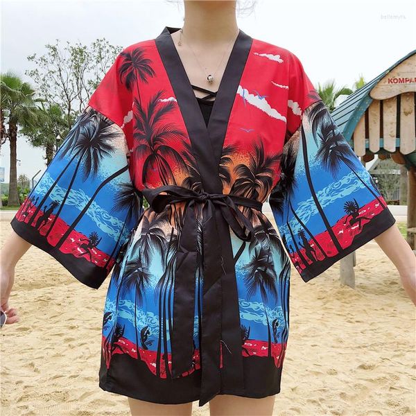 Ropa étnica Bebovizi suelta 2023 rojo verano Casual playa moda japonesa calle mujeres Harajuku cárdigan Kimono blusa Tops túnica
