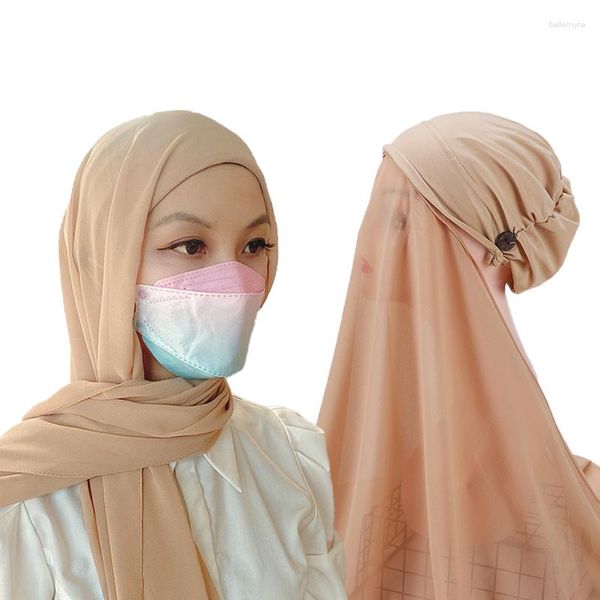 Ropa étnica Beige Instant Hijabs Mujeres Bonnet con botones de mantón de gasa Fácil de usar Máscaras Sombrero