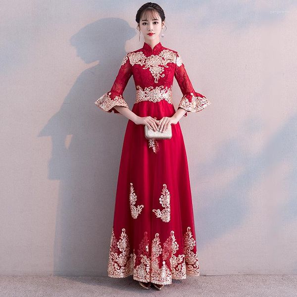 Vêtements ethniques Bell manches mariée broderie Cheongsam rouge traditionnel chinois robe de mariée femmes Qipao moderne élégant longues robes de soirée