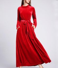 Etnische Kleding Riem Maxi Jurk Elegante Fluwelen Mode Grote Maat Feest Avondjurken Zak Zwangere Vrouw Moslim Turkse Abaya