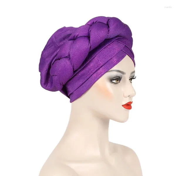 Ropa étnica Big Braid African Female Head Wraps Bonnet Nigeria Ya hecho Headtie Turbante Glitter Hilo de oro Tela Turban Cap para