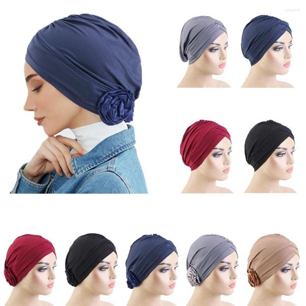 Vêtements ethniques Big Flower Hijab Turban Bonnet pour les femmes musulmanes intérieures Hijabs Prêt à porter Couleur unie Islamique Headwrap Chemo Cap Head Hat