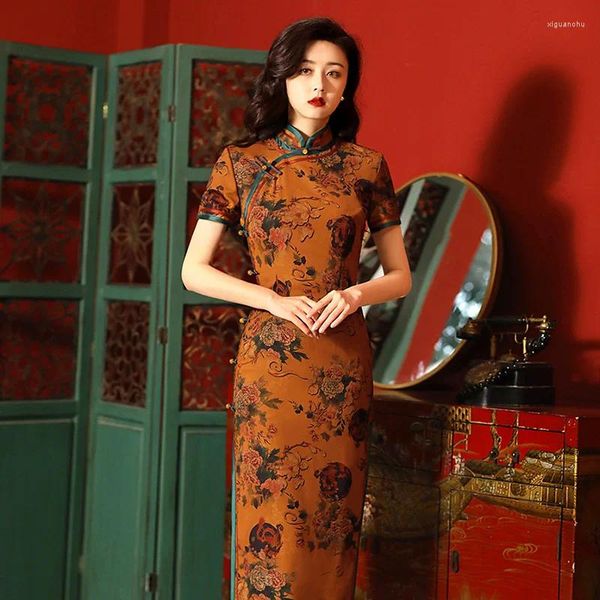 Vêtements ethniques Big Size 4xl Femmes Sexy Elegant Slim Imprimé chinois Satin long Cheongsam Vintage Daily Formal Daily Qipao