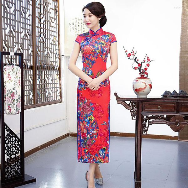 Vêtements ethniques grande taille 5XL Sexy mince Cheongsam rayonne Vintage bouton rouge imprimé fleur robe chinoise col Mandarin femme longue rétro