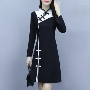 Ropa étnica Negro 2023 Slim Qipao Mujeres Vestido chino de manga larga Hanfu Cheongsam Vintage Robe Orientale Tradicional Vestido Chino