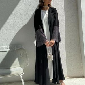 Vêtements ethniques Abaya noir pour femmes Détails perlés Nida Tissu Dubaï Ouvert Abayas Islamique Musulman Turquie Robes Longues Cardigan Ramadan