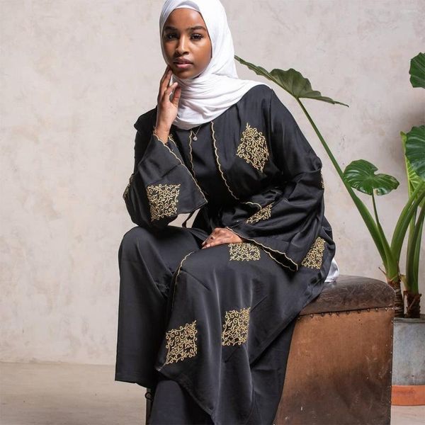 Vêtements ethniques noir Abaya pour femmes dubaï mousseline Islam arabe femmes fil d'or positionnement broderie Cardigan Robe