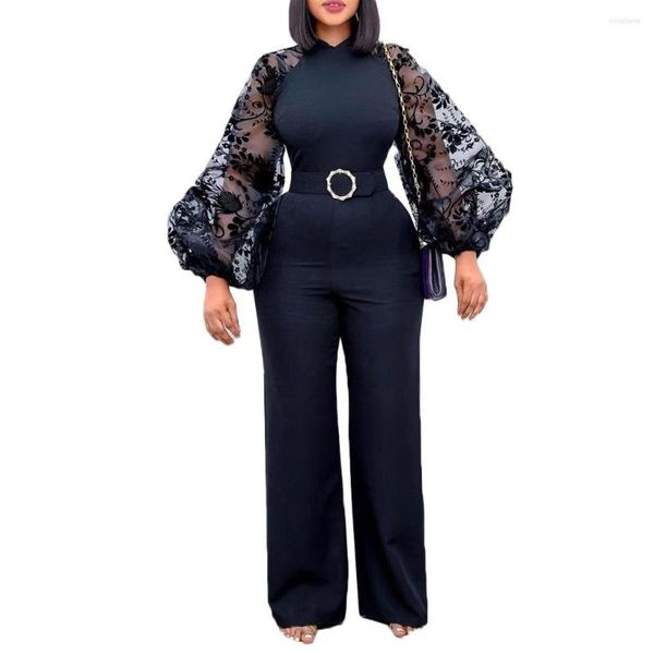 Ropa étnica mono africano negro para mujer verano manga larga cuello redondo con cinturón ropa