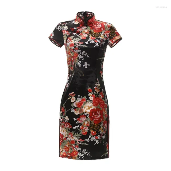 Ropa étnica Negro Chino Dama Sexy Cheongsam Estampado Flor Mini Qipao Traditioanl Vestido casual para mujeres Mandarin Collar Oversize 6XL