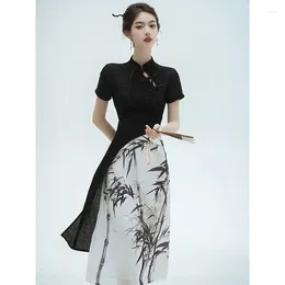 Etnische kleding Zwart Chinese stijl Cheongsam Dames korte mouw Lange jurk Bruiloftskostuums Inktdruk Zachtheid Jurken S tot XXL