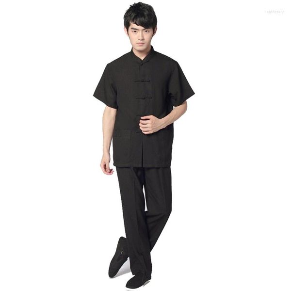 Ropa étnica negro chino tradicional traje de lino de algodón de los hombres de manga corta Wu Shu conjuntos ShirtPant uniforme S M L XL XXL