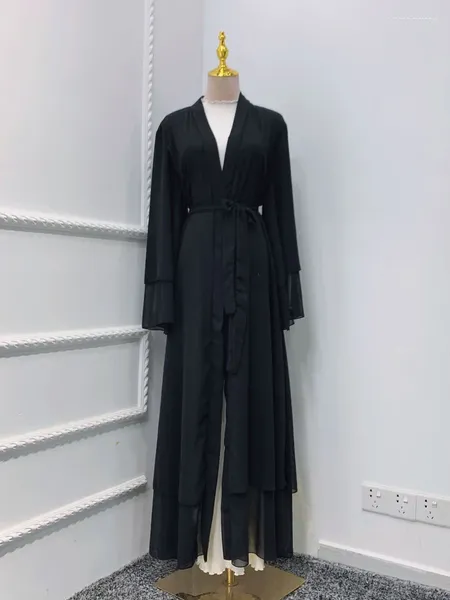 Vêtements ethniques Black Dubai Abaya Open Front Double couches en mousseline Kimono Femmes musulmanes islamiques élégants hors vêtements Hijabi Robe Ramadan Eid