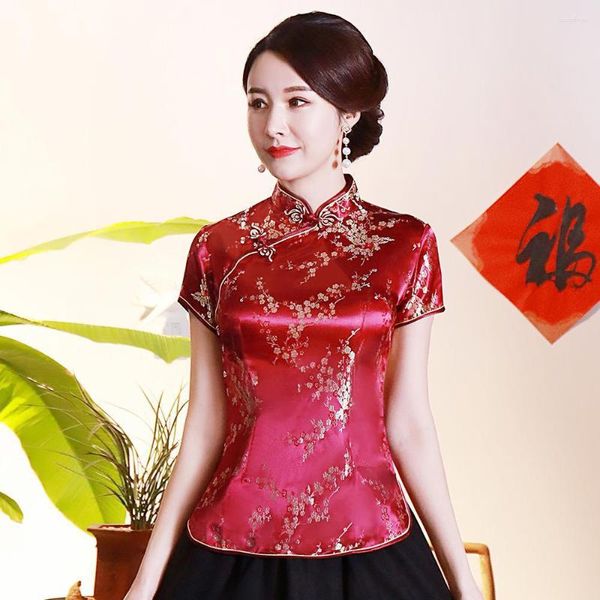 Vêtements ethniques Noir Élégant Femmes Chemise Lâche Vintage Chinois Été À Manches Courtes Blouse Mince Fleur Tang Top Taille S M L XL XXL 3XL 4XL