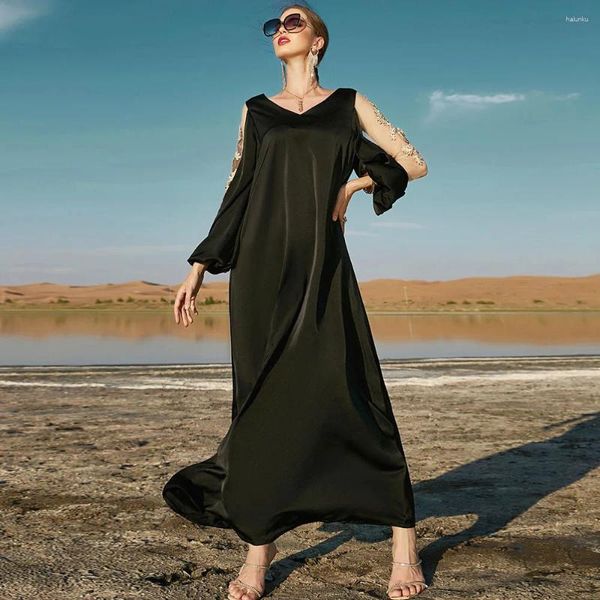 Ropa étnica Bordado negro Ramadán Eid Mubarak Kaftan Abaya Dubai Turquía Vestido árabe musulmán islámico Vestido de noche Mujer Robe Musulmane