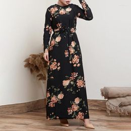 Etnische kleding Zwarte bloemen Maxi -jurken voor vrouwen Elegant Crew Neck Long Sleeve Robe Loose Dubai Moslim Islam Ramadan Eid 2023