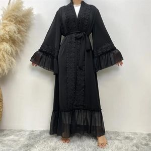 Vêtements ethniques Black Flower broderie Party Dress Cardigan Abaya pour femmes Batwing Sleeve Muslim Robes Eid Caftan Evening Long Robe