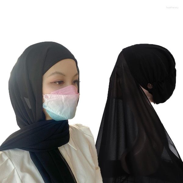 Ropa étnica Negro Instant Hijabs Mujeres Bonnet con botones de mantón de gasa Fácil de usar Máscaras Sombrero