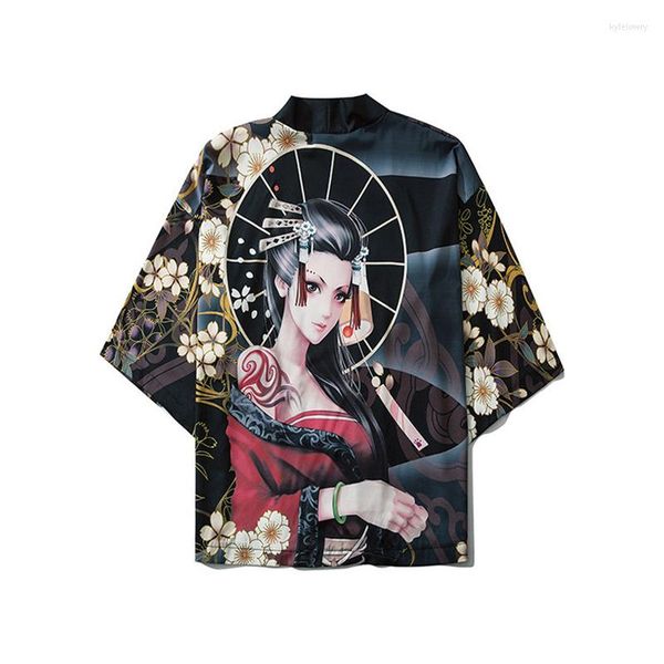 Ropa étnica Black Japanese Kimono Cardigan Men Summer Hermosa mujer impresa Kimonos Streetwear Fashion Shirt Mens Haori Yukata