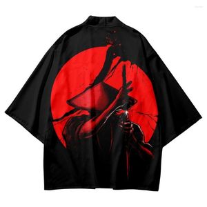 Vêtements ethniques Noir Samouraï Japonais Rouge Soleil Imprimer Kimono Traditionnel Cosplay Haori Obi Femmes Hommes Cardigan Plage Yukata Vêtements Asiatiques